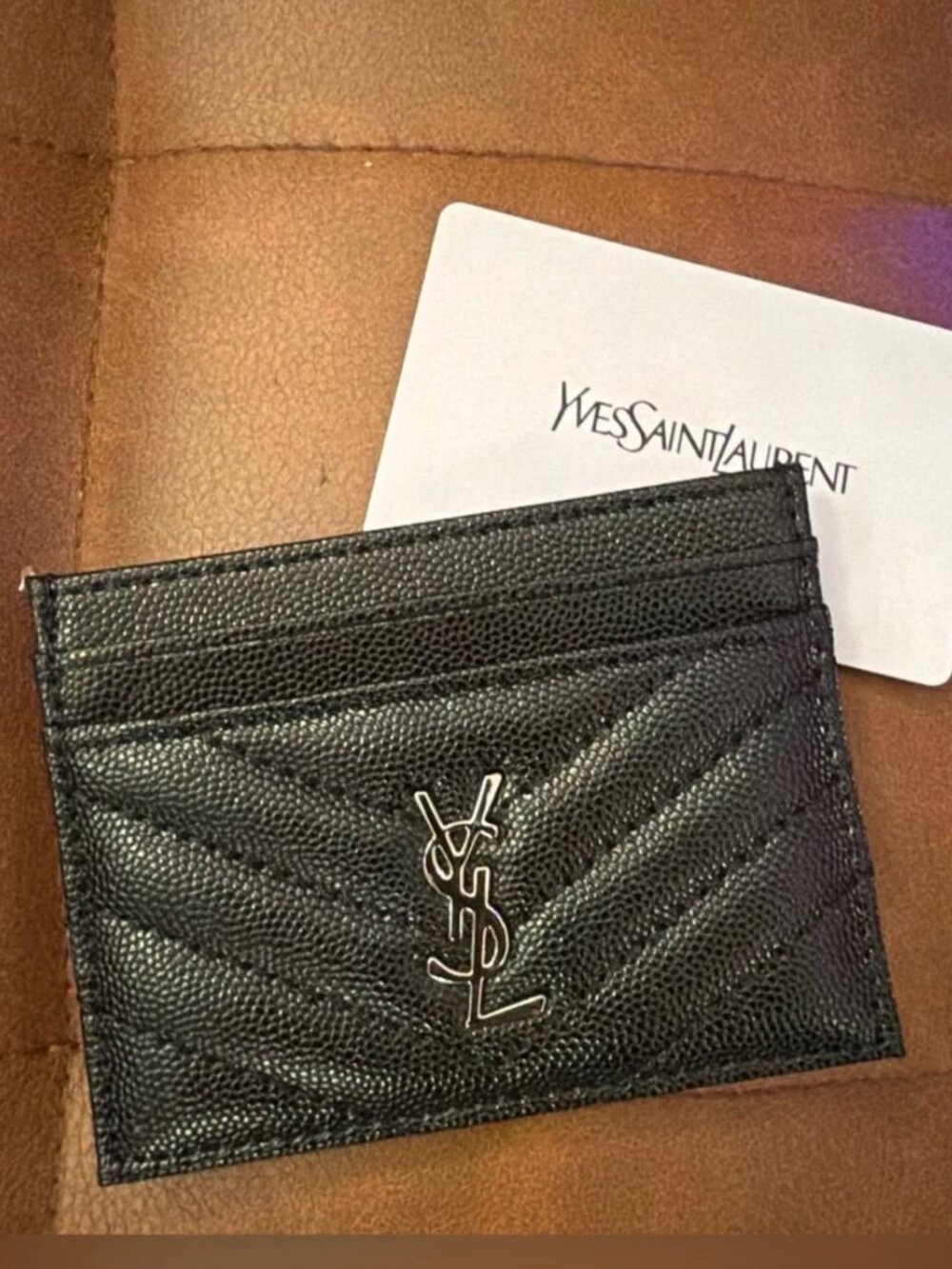 YSL Black Quilted Leather Card Case with Silver Logo - SAME DAY SHIPMENT - Picture 3 of 5